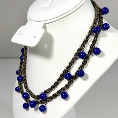 VTG Multi-Strand Bronze Toned Cobalt Blue Beaded Necklace Dangle Boho Chic 16″