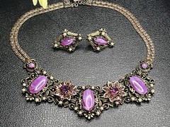 Vintage SELRO SELINI Gold Tone Purple Necklace & Earrings Book Piece Set