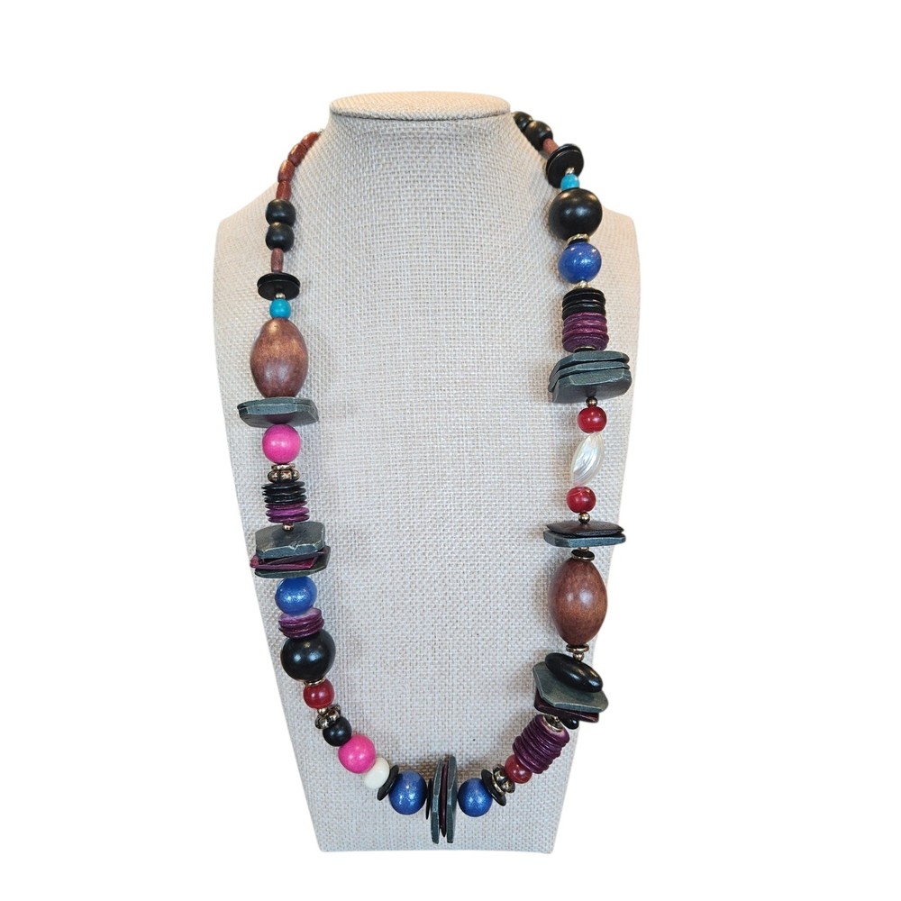 Vintage Artisan Mixed Media Wood Stone Shell Bead Statement Necklace Colorful…