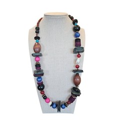 Vintage Artisan Mixed Media Wood Stone Shell Bead Statement Necklace Colorful…