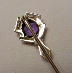 Antique Signed Belais Art Deco 18K White Gold Filigree & Amethyst Stickpin