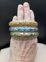 Vintage Kashmiri Bangle Bracelet Set 3 Hand Painted Wood Pulp Bird Floral 8.5″