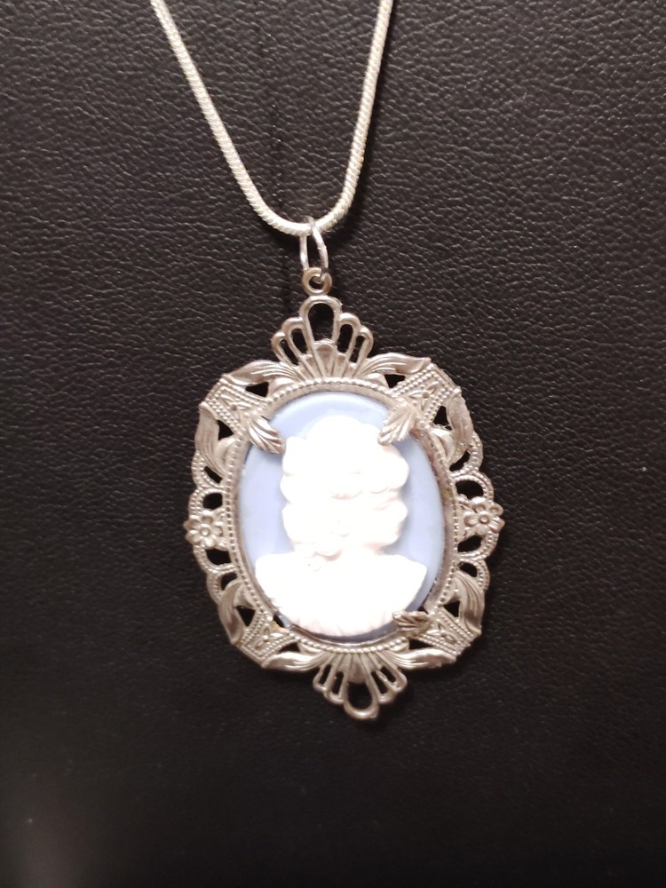 Oval Cameo Pendant Necklace Blue & White Cameo on a Sterling Chain