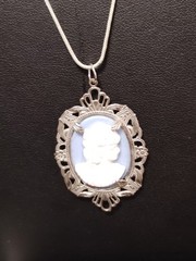 Oval Cameo Pendant Necklace Blue & White Cameo on a Sterling Chain