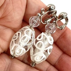 Vtg Mod SilverTone Art Deco Glass Earrings Clip On Dangle Drop White Groovy S