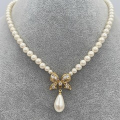 Vintage Faux Pearl Teardrop With Gold Tone Bow & Crystal Rhinestone Bib Necklace