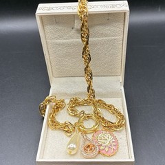 Peachy Pink & Pearly Vintage Charm Trio, Vintage Gold Plated Chain Necklace,OOAK