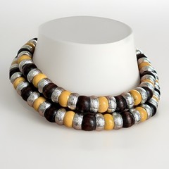 CADORO Buttermilk Bakelite Necklace Chunky Modernist Style Metal Wood Beads 40”