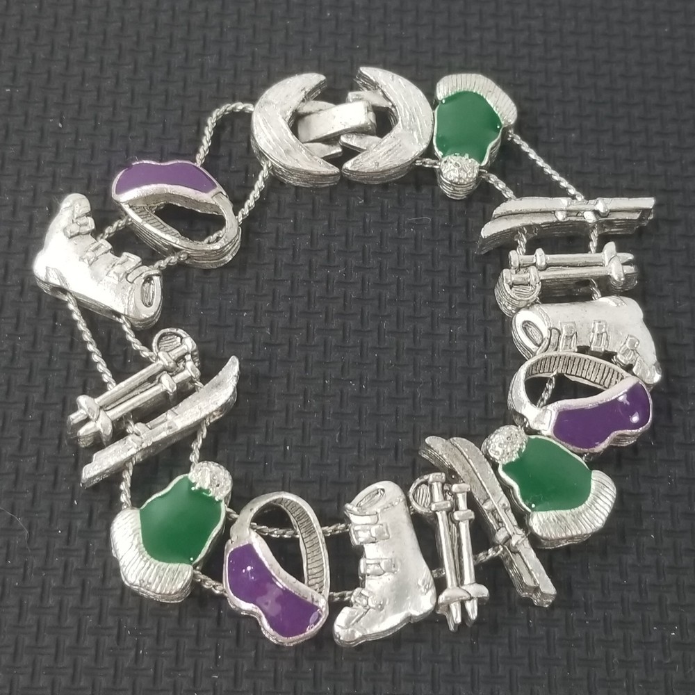 Double Chain Victorian Slide Charm Bracelet Goldette Style Unsigned Ski Skiing