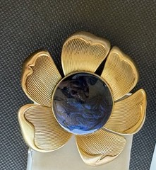 Vintage Clip Earrings Huge Flower Blue Cabochon Flower Statement Gold Tone 80s