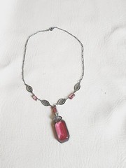 Antique ART DECO Silver Tone PINK CZECH Glass Filigree Necklace