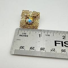 Vintage AB Rhinestone Brooch Pendant Clip On Earring Set Gold Tone Filigree Read