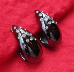 Givenchy Earrings Vintage Black Hematite Hoops Clear Crystal 1.25 in Chunky 847f