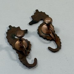 Copper Enamel Seahorse Earrings Vintage Artisan Blue Screw Back 1.5″