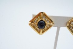Vintage Clip On Earrings Gold Tone Rhinestone Black Cabochon