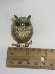 Vintage Gold-Tone Owl Brooch Pin with Green Glass Eyes Clear Rhinestone Accents