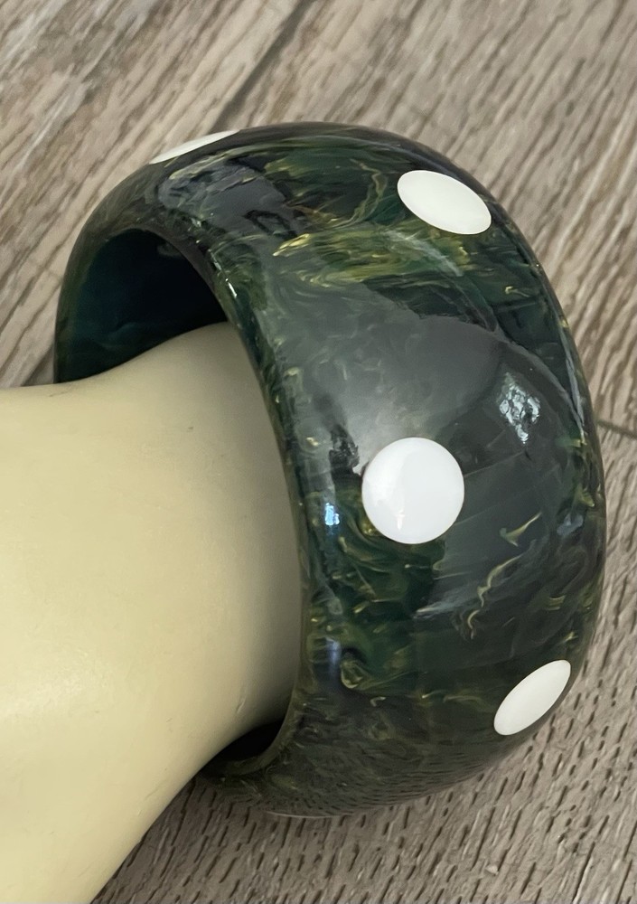 Vtg Spinach Green Marble Polka Dot Bakelite Wide Bangle Bracelet Tested 100grams