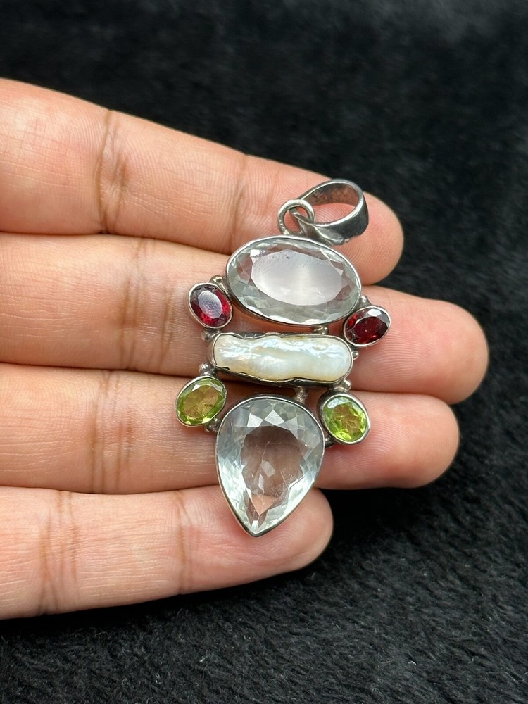 Vintage Handmade Sterling Silver Pendant With Natural Faceted Muti Gems Stone