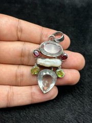 Vintage Handmade Sterling Silver Pendant With Natural Faceted Muti Gems Stone