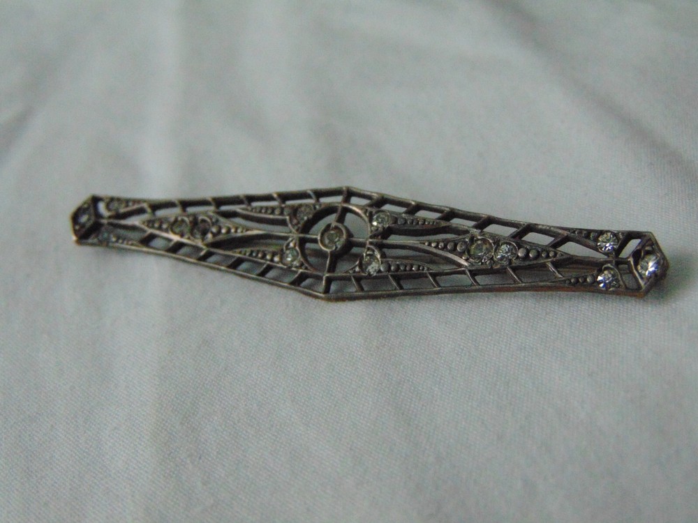 Antique Victorian sterling top crystals filigree bar brooch