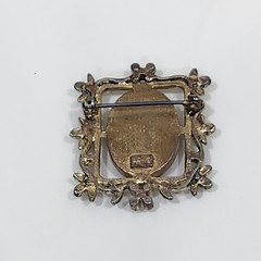 Vintage Cameo Brooch Gold Tone Floral Square Frame Crystals Signed AAi
