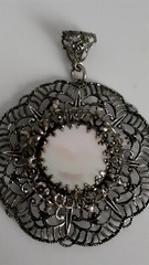 Vintage Mother of Pearl Silvertone Filigree Open work Round Pendant