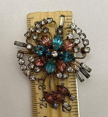 Quill 12K GF Gold-Filled Pink & Blue Floral Rhinestone Brooch Pin Vintage 1950s