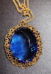 Vintage Signed West Germany Blue Glass Rhinestone Filigree Necklace Gold Tone