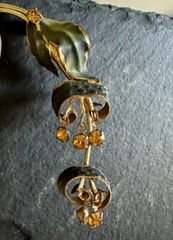 Vintage Made in Austria Green Leaf Flower Pin Rhinestones Gold Crystal Brooch 3”
