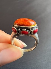925 Sterling Silver Coral and Jasper Ring Handcrafted Ring Size 6.75 US