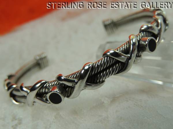 VINTAGE ONYX FLEXIBLE STERLING SILVER 0.925 7 1/2″ CUFF BRACELET slightly adjust