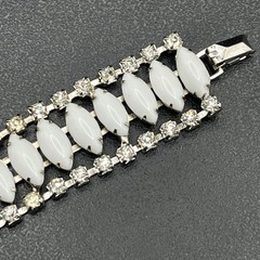 Mid-Century White Milk Glass & Rhinestone Bracelet, Silver-Tone, 1950s