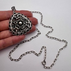 Vintage German 835 Silver Filigree Pendant with Chain Antique Jewelry 21.2g