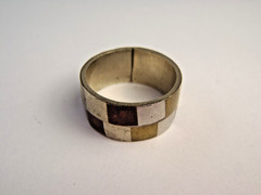 Estate 925 Sterling Silver Checkered 9mm Ring Band Silver Bronze Brass Sz 6 1/4