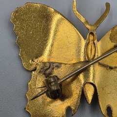 Damascene Butterfly Brooch Pin Spain Gold & Silver Tone Black Enamel 1.75″ READ