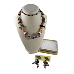 Vtg 90s One of a Kind Artist Made Stone/Bead Fish 23″ Necklace w Earrings