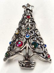 Estate Silver Tone & Rhinestone Christmas Tree Open Scroll Pendant Pin / Brooch