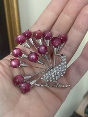 Vintage Fabulous Large Figural Peacock Brooch with Pink Moon-Glow Stones