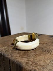 Antique Brass Buffalo Bone Cuff Bracelet Green Malachite Accent