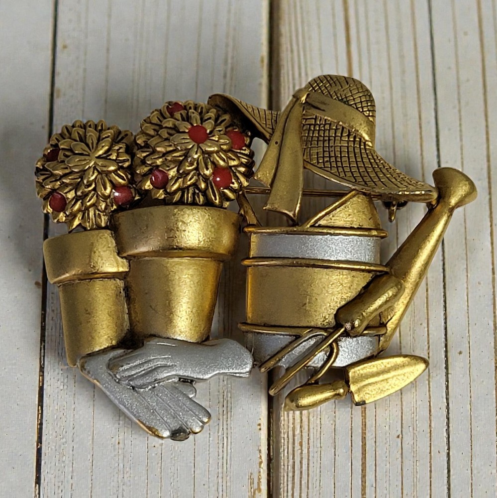 Vtg Danecraft Brooch Pin Gardening Tools Gardner Flower Pots Watering Can Estate
