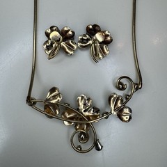 Vintage Krementz Blue Floral Necklace Earrings, 14k Rolled Gold