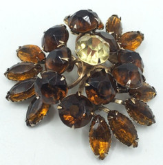 Vintage Rhinestones Brooch Topaz Amber Color Flower Prong Set Stones Pin