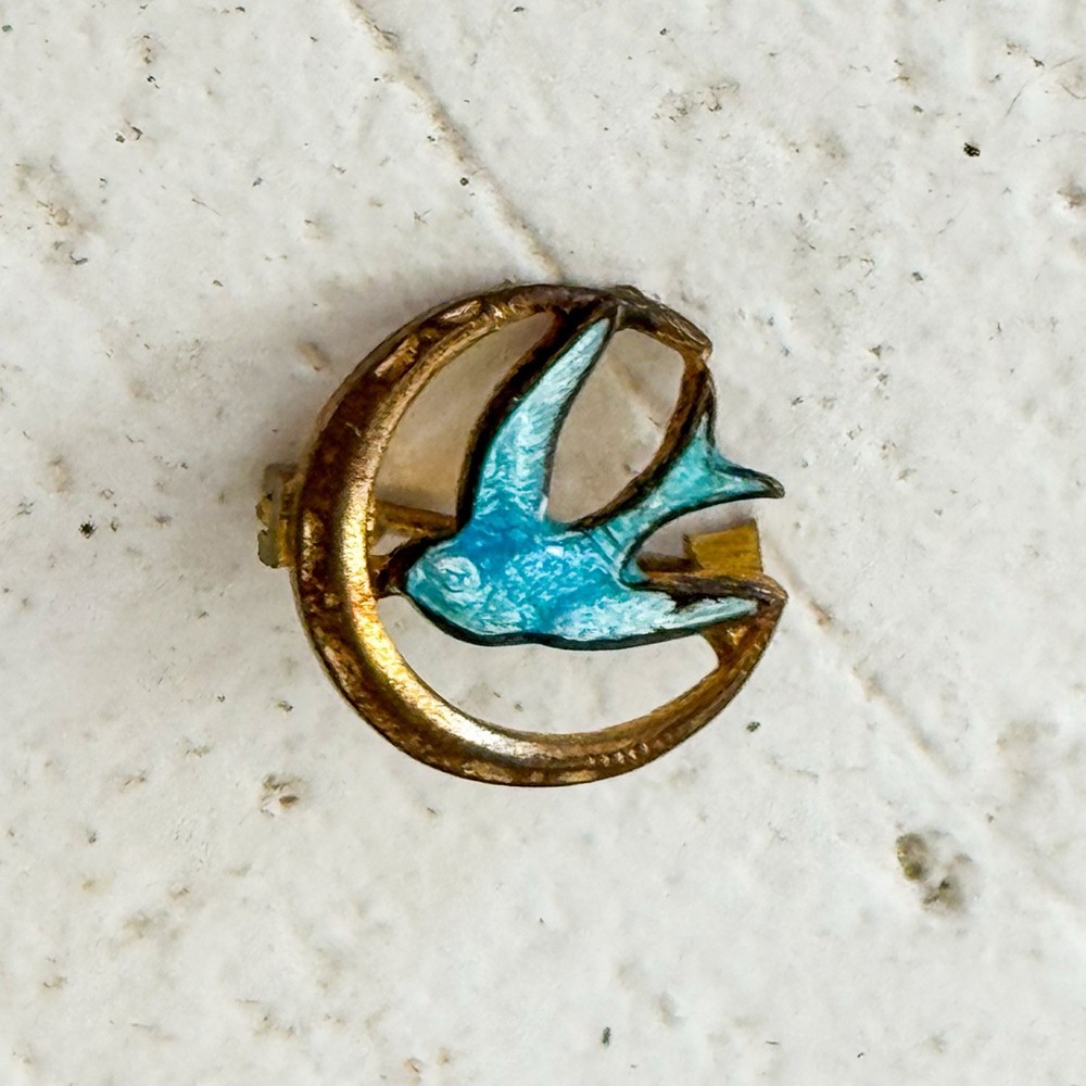 Antique Guilloché Enamel Swallow Bird Brooch Gold Tone Victorian Petite 0.5”