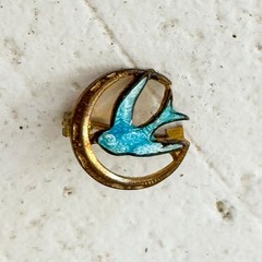 Antique Guilloché Enamel Swallow Bird Brooch Gold Tone Victorian Petite 0.5”