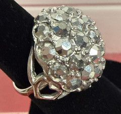 Vintage Silver Tone Rhinestone Dome Cocktail Ring Unmarked Adjustable Size