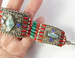 Southwestern Metal & Beaded Bracelet Coral Turquoise Lapis Silver Plated Heavy