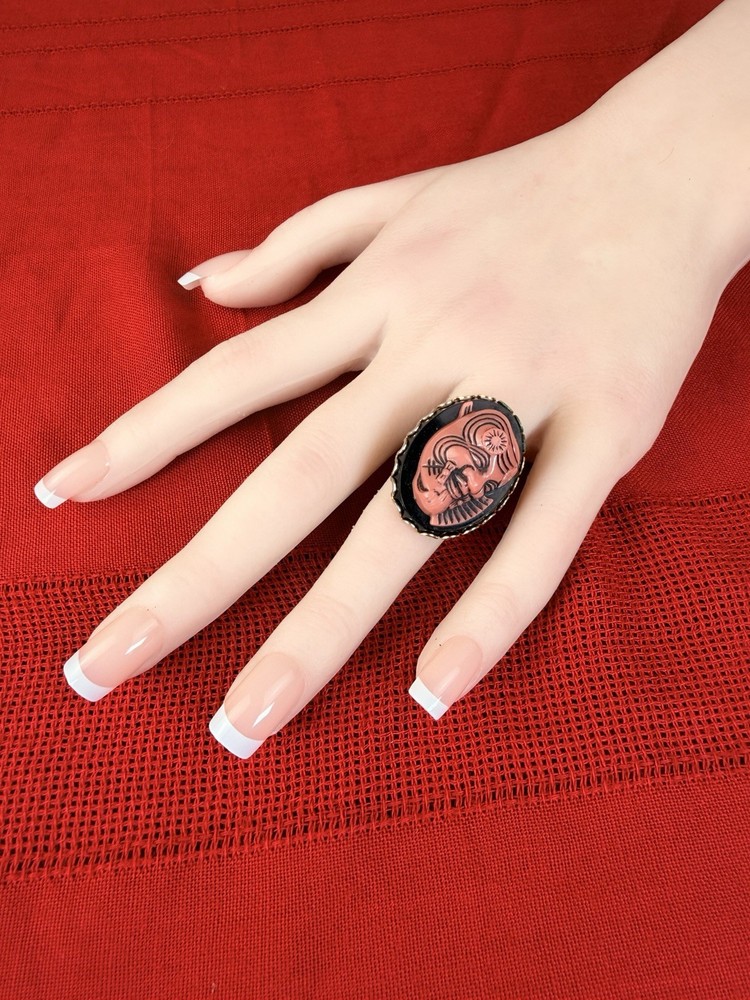 Vtg Cameo Style Ring Black Pink Angry Asian Portrait Adjustable Statement