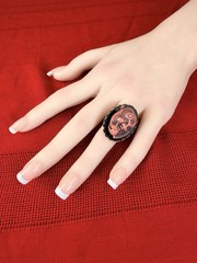 Vtg Cameo Style Ring Black Pink Angry Asian Portrait Adjustable Statement