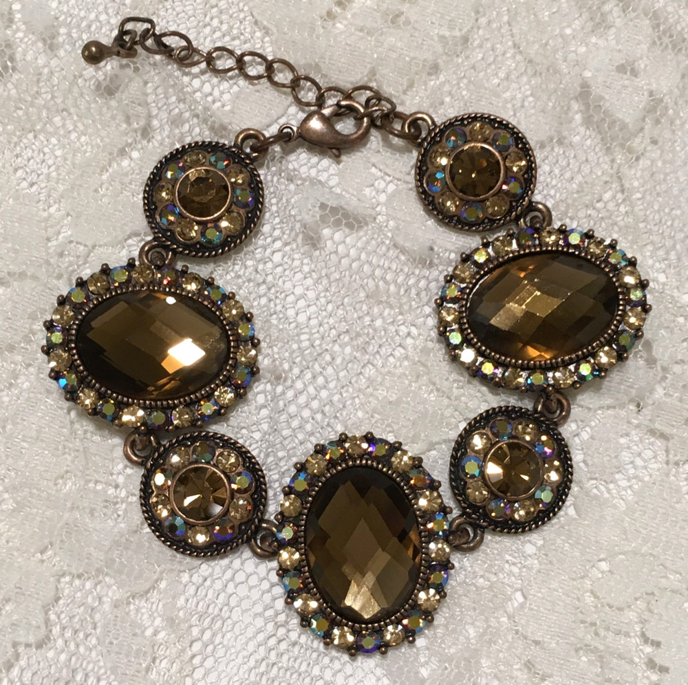 Brown Copper Tone Rhinestone Bracelet Oval Stones Aurora Borealis Elegant Chain