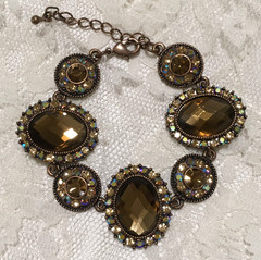 Brown Copper Tone Rhinestone Bracelet Oval Stones Aurora Borealis Elegant Chain